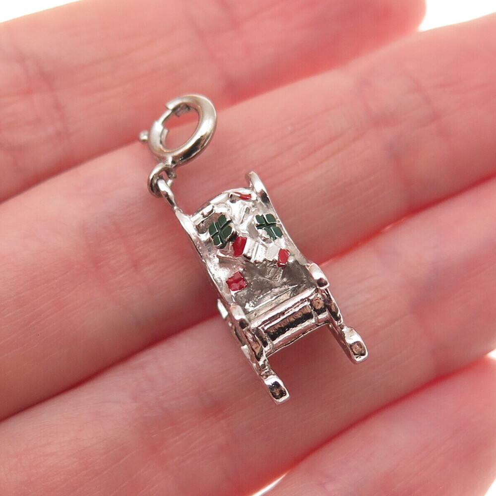 Danecraft 925 Sterling Antique Enamel Christmas Sleigh Spring Ring Mini Pendant